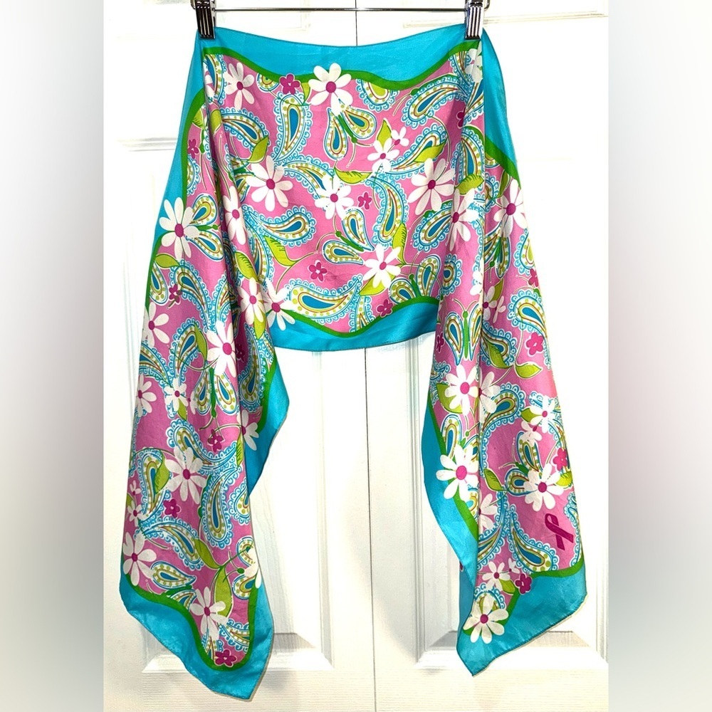 Lilly Pulitzer for Ford Silk Scarf Paisley Floral Pink Blue BCA